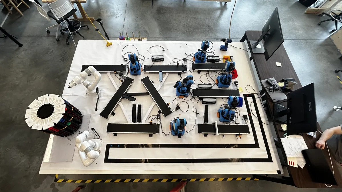 Top-down view of the Industry 4.0 testbed table with collaborative robot arms, conveyor modules, and camera monitors