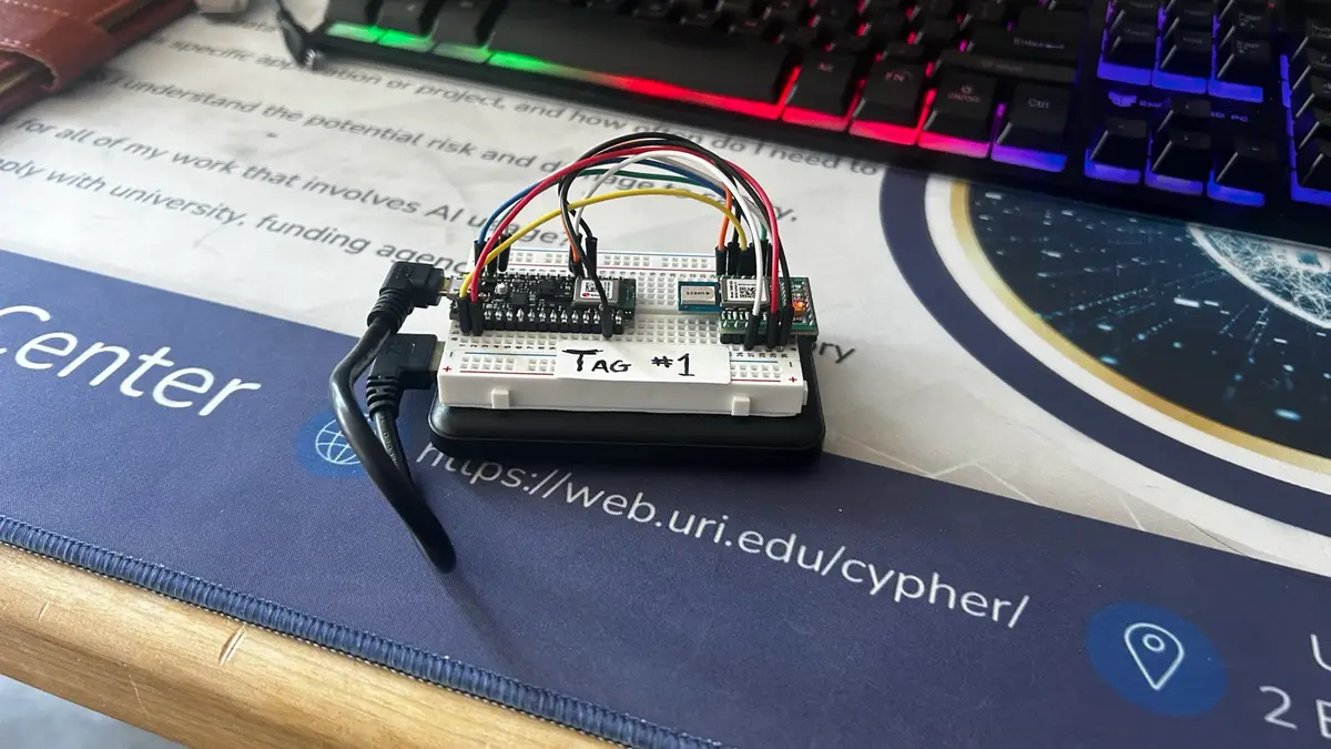 Breadboard-mounted UWB hider tag with an Arduino Nano 33 BLE and DWM1000 radio, labeled Tag